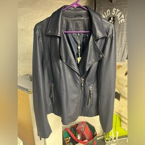 Max Studio Women’s Navy Blue Faux Leather Moto Jacket size large